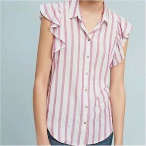 Anthropologie Maeve Pink and White striped ruffle blouse